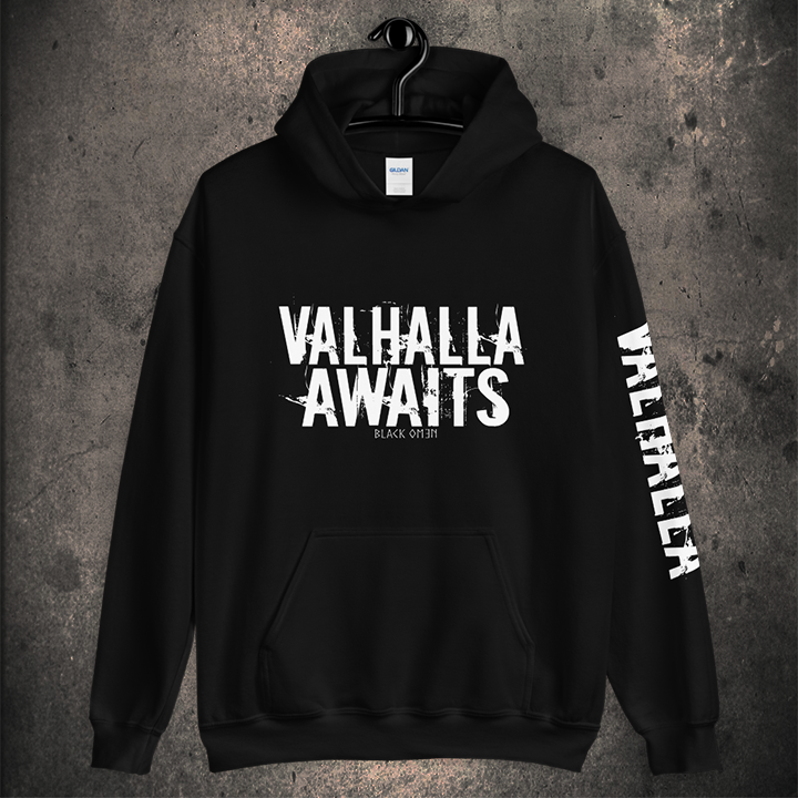 VALHALLA AWAITS HOODIE (Valhalla Sleeve Edition) - BLACK-OMƎN